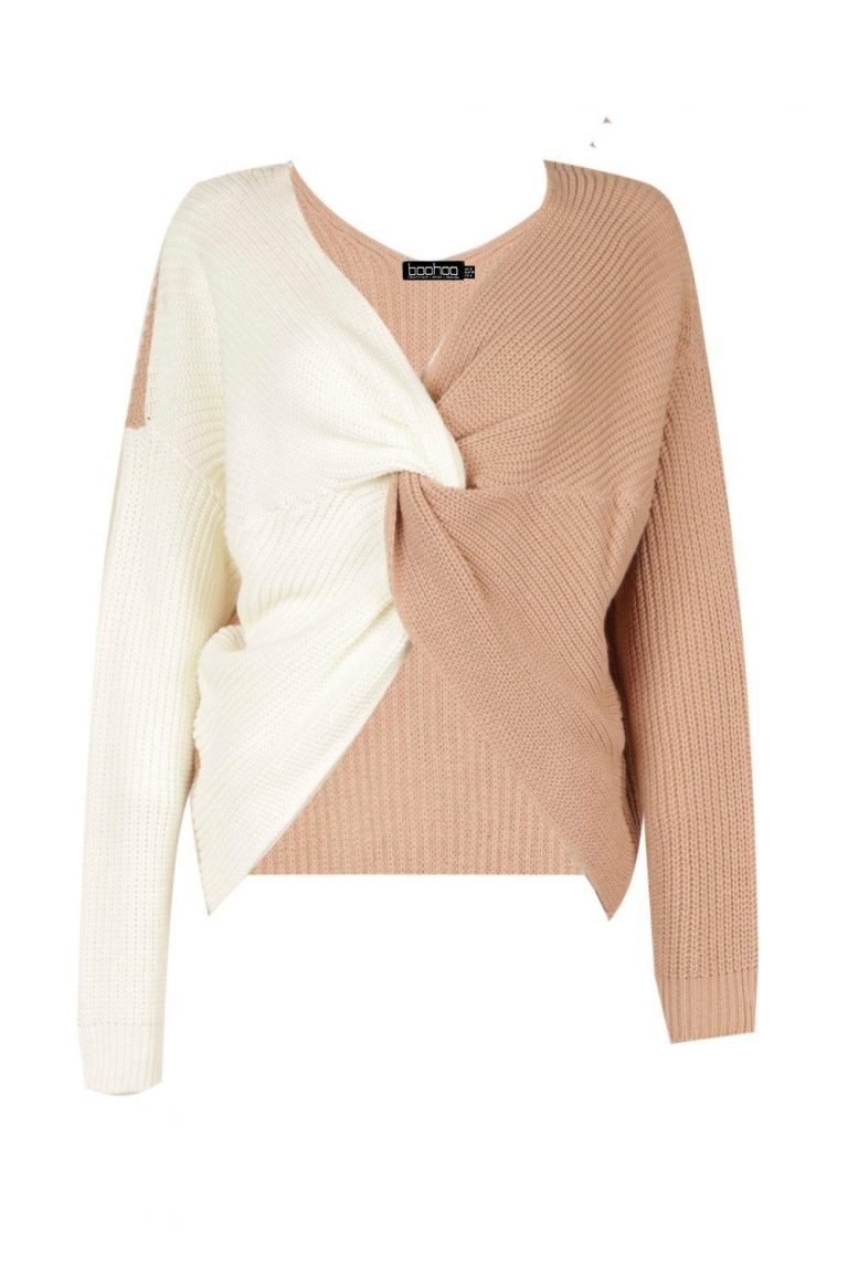 Knitted Colour Block Twist Front Jumper- Boohoo