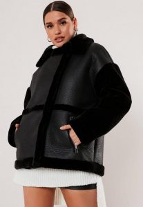 Tall black faux fur sleeve oversized aviator jacket- Missguided