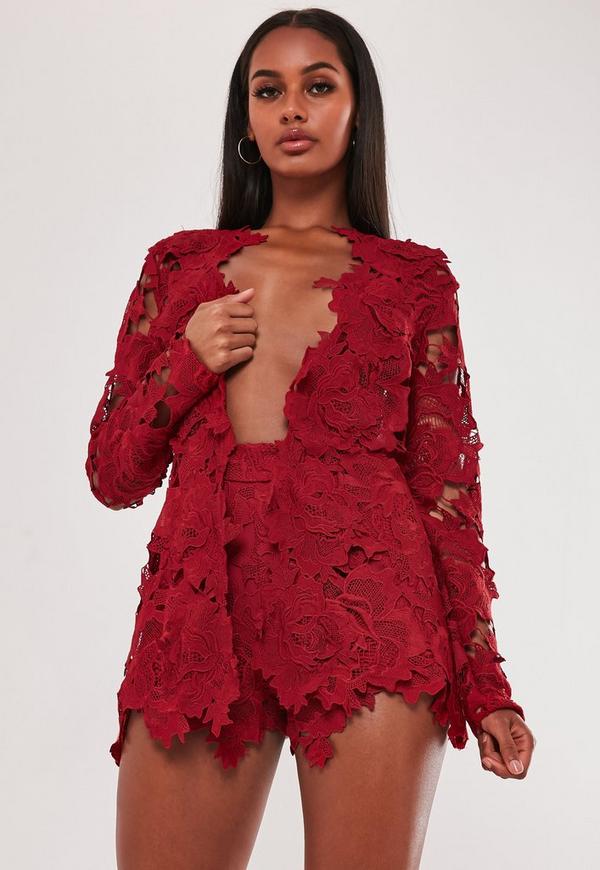 Red lace shorts and blazer co-ord- Missguided